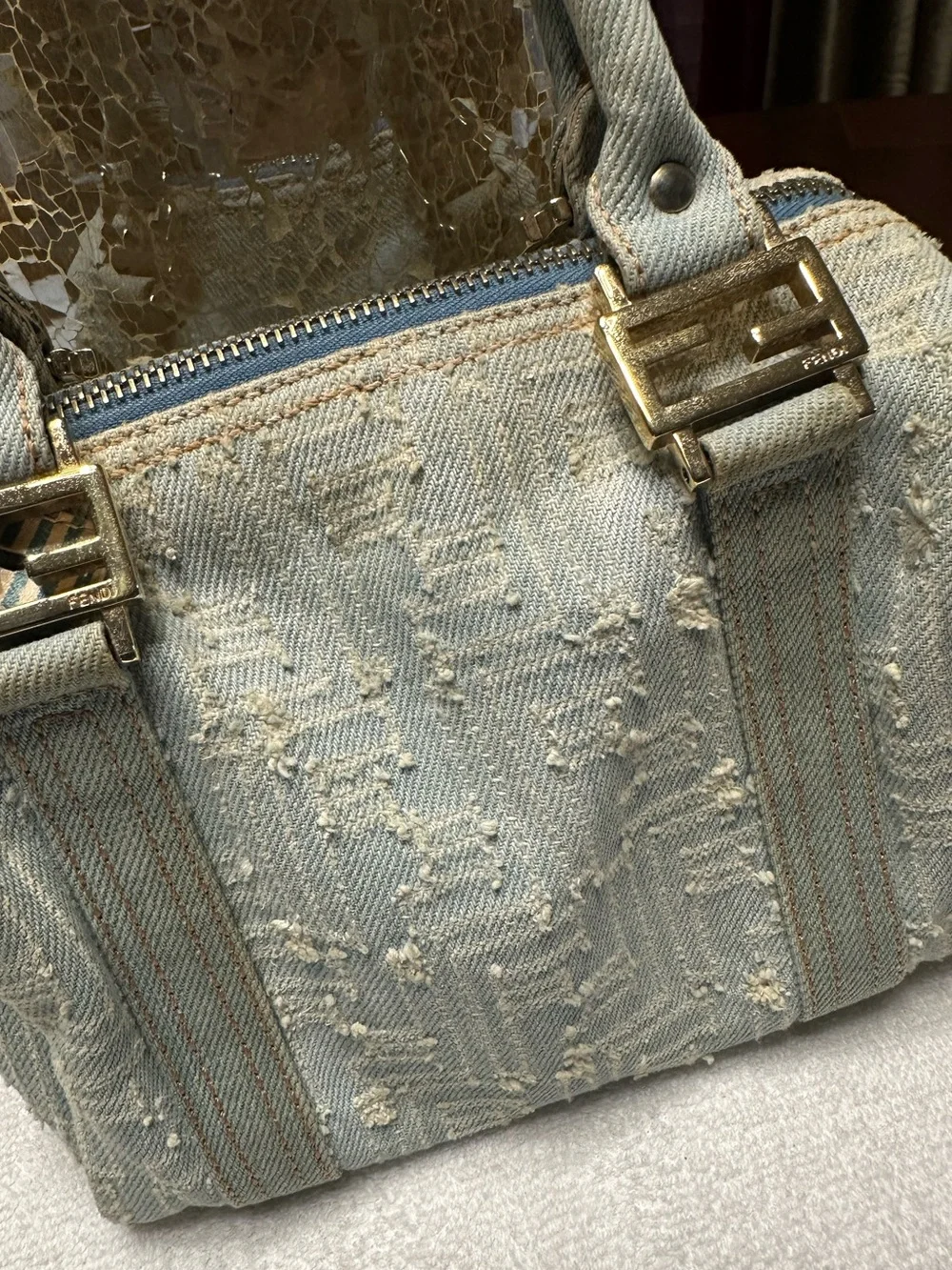 Fendi Vintage Denim Mini Boston Bag Distressed Zucca Y2K COA